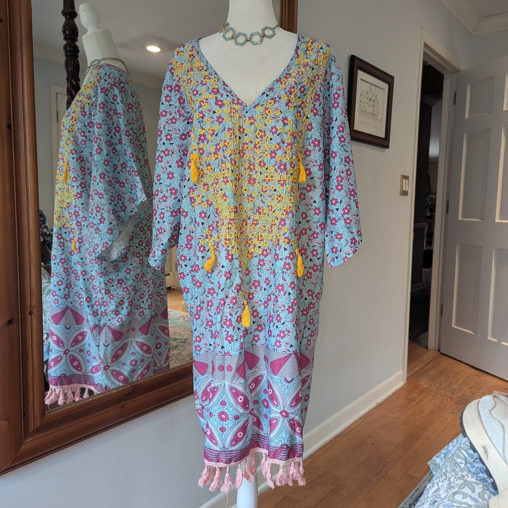 Boho Floral Tassel Caftan Dress in Light Blue & Pink